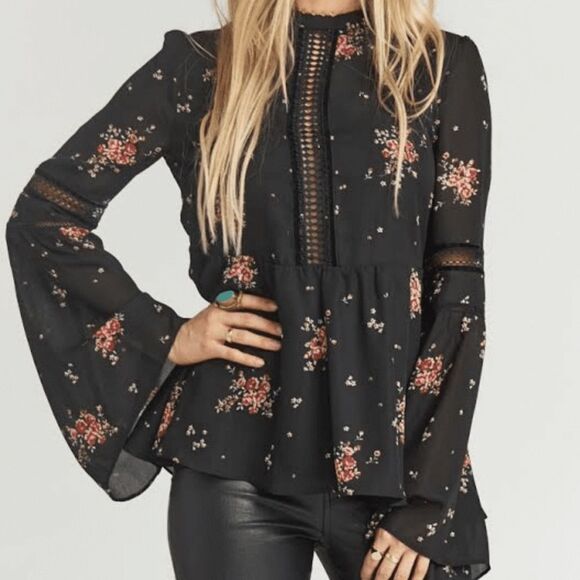 Show Me Your MuMu Lafayette Blouse XS NWT Black Red Cherry Blossom Bell Sleeve - Picture 1 of 16